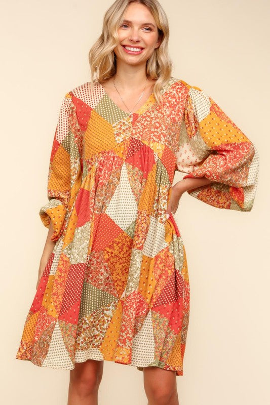 Haptics Fall Waffle Textured Patchwork Babydoll Dress