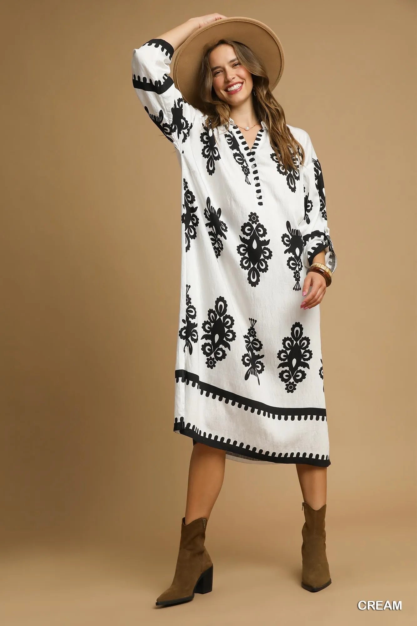 Umgee Cream Abstract Print Midi Dress