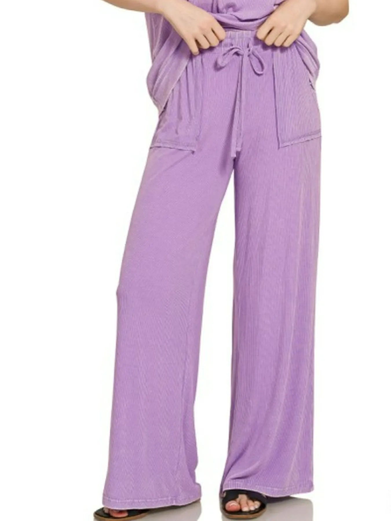 Zenana Lavender Ribbed Acid Wash Rayon Top & Pants Set