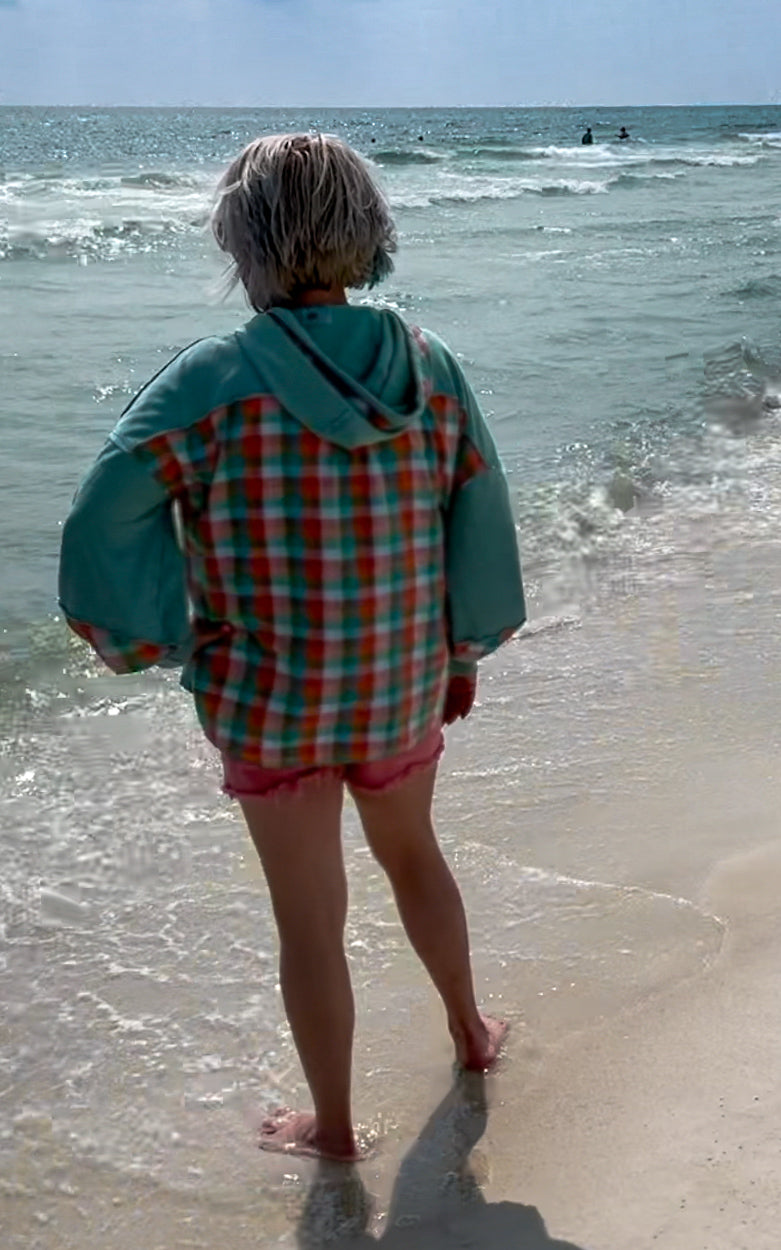 SAGE + FIG Eucalyptus Plaid Print Washed Hoodie Shirts & Tops