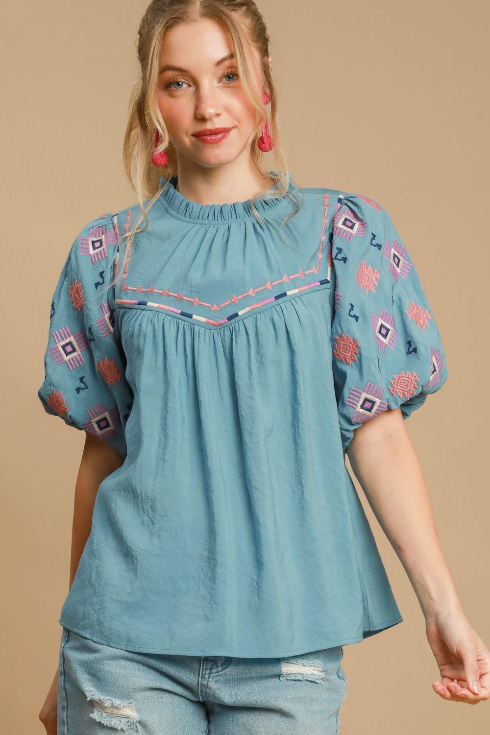 Umgee Teal Embroidered Puff Sleeve Mock Neck Top Teal