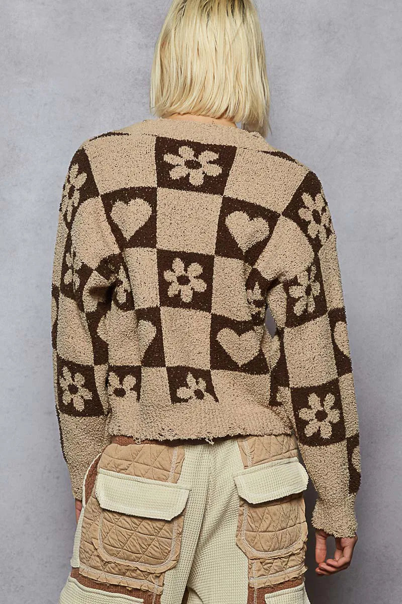 POL Mocha & Brown V-Neck Heart Pattern Checkered Sweater