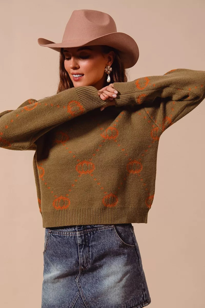 SO ME Olive & Rust Pumpkin Rhombus Halloween Thanksgiving Sweater
