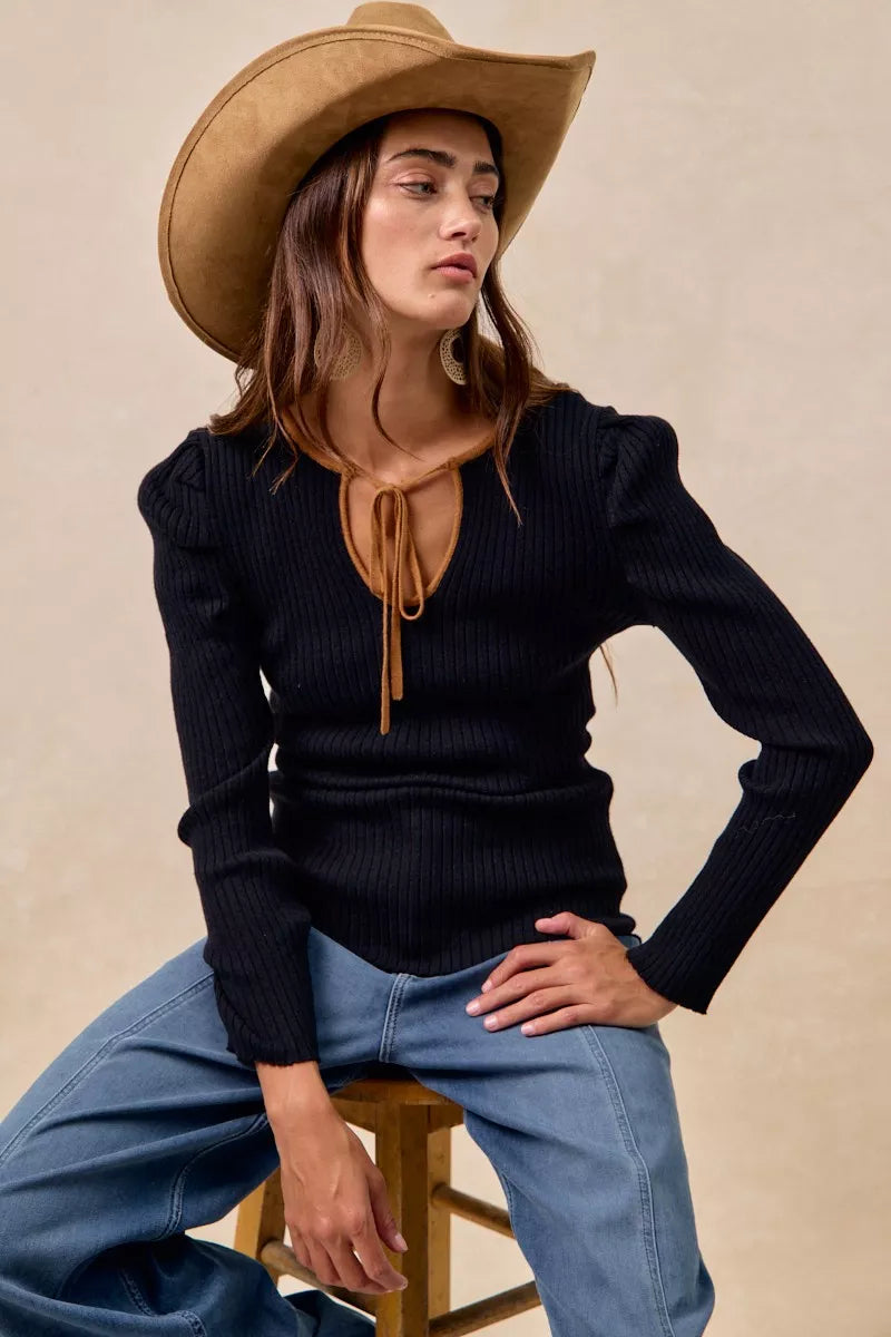 BiBi Black & Camel Ribbed Contrast Front Tied Top with Shrried
