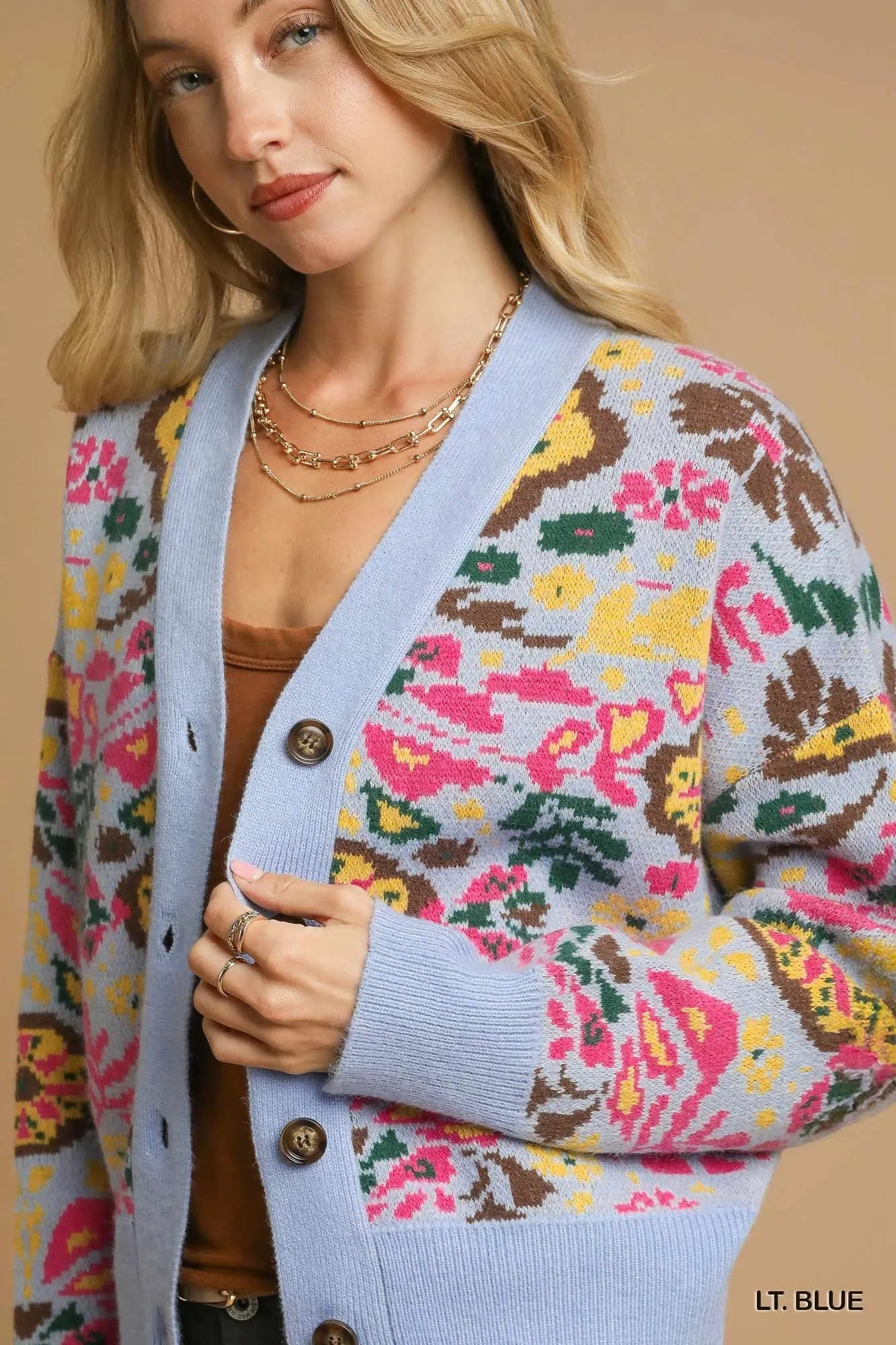 Umgee Light Blue Floral Knit Button-Up Cardigan