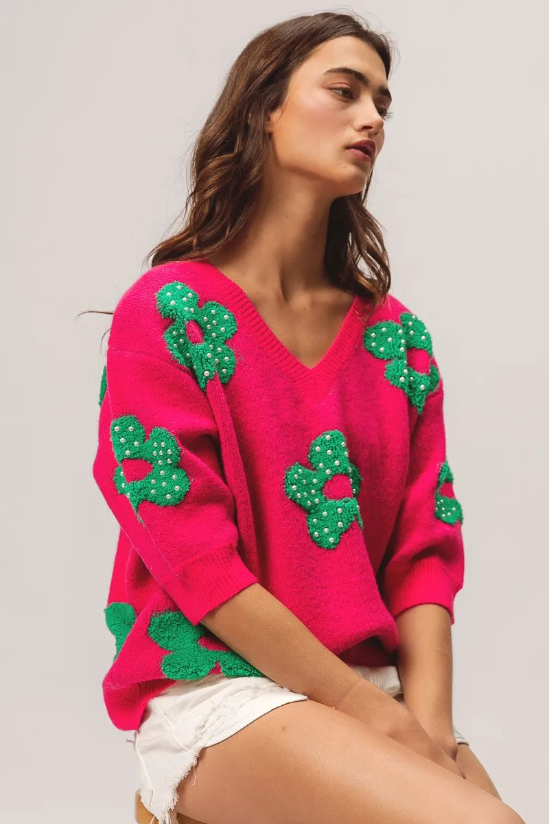 BiBi Fuchsia & Jade Pearl Beads Flowers Sweater Top