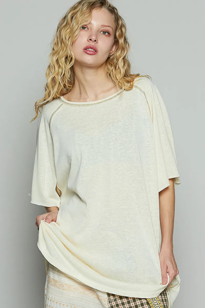 POL Custard Contrast Stitching Jersey Knit Short Sleeve Oversized T-Shirt