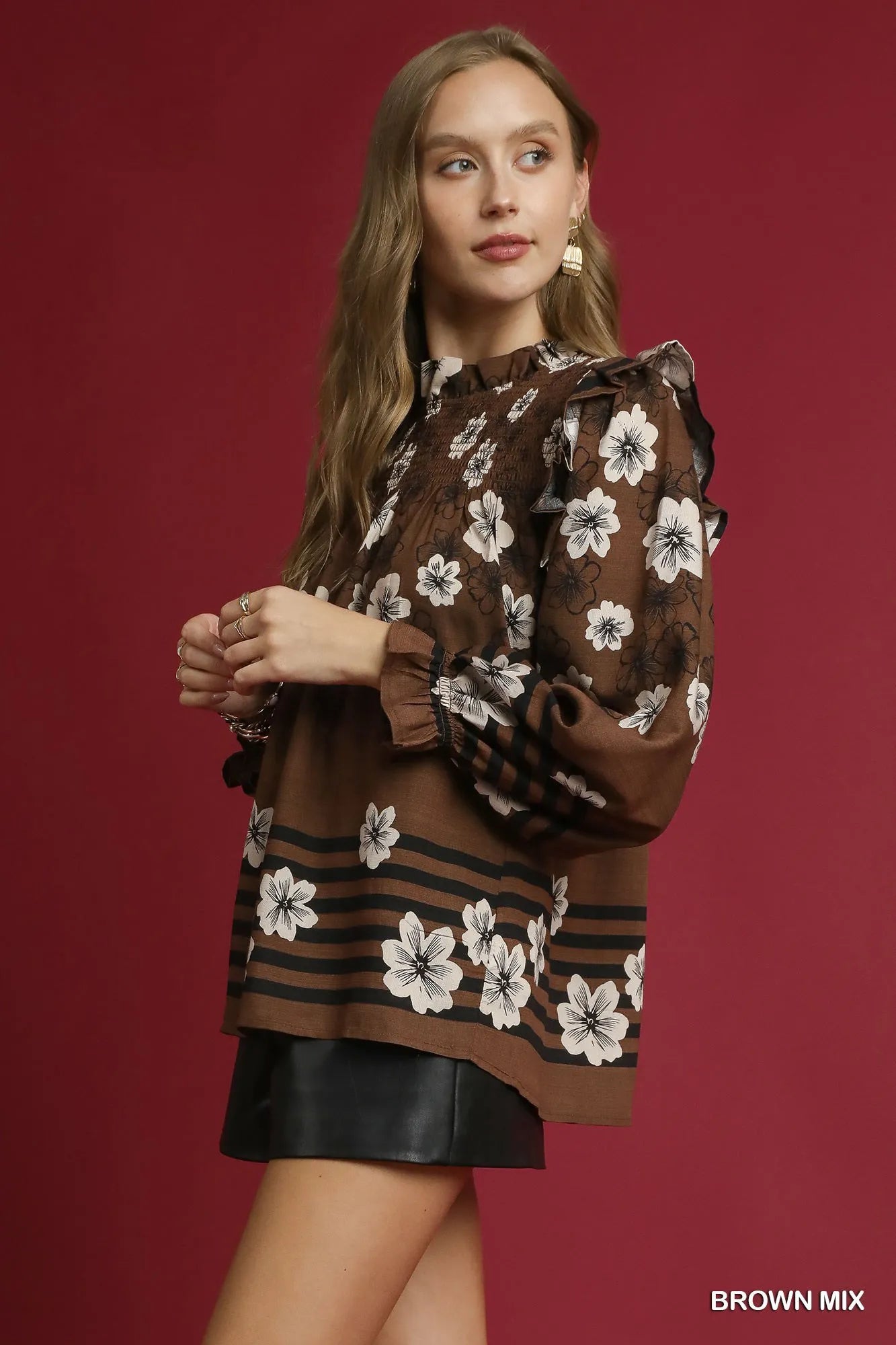 Umgee Brown Mix Floral Smocked Ruffle Blouse
