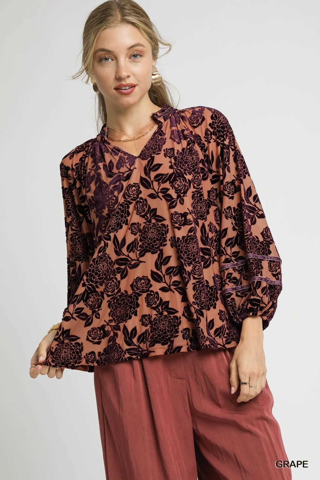Umgee Grape Floral Velvet Burnout Blouse with Balloon Sleeves GRAPE