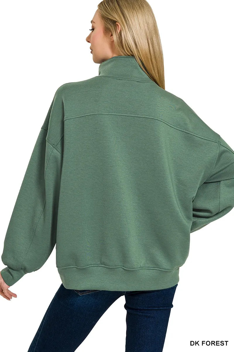 Zenana Dark Forest Scuba Quarter-Zip Long Sleeve Sweatshirt