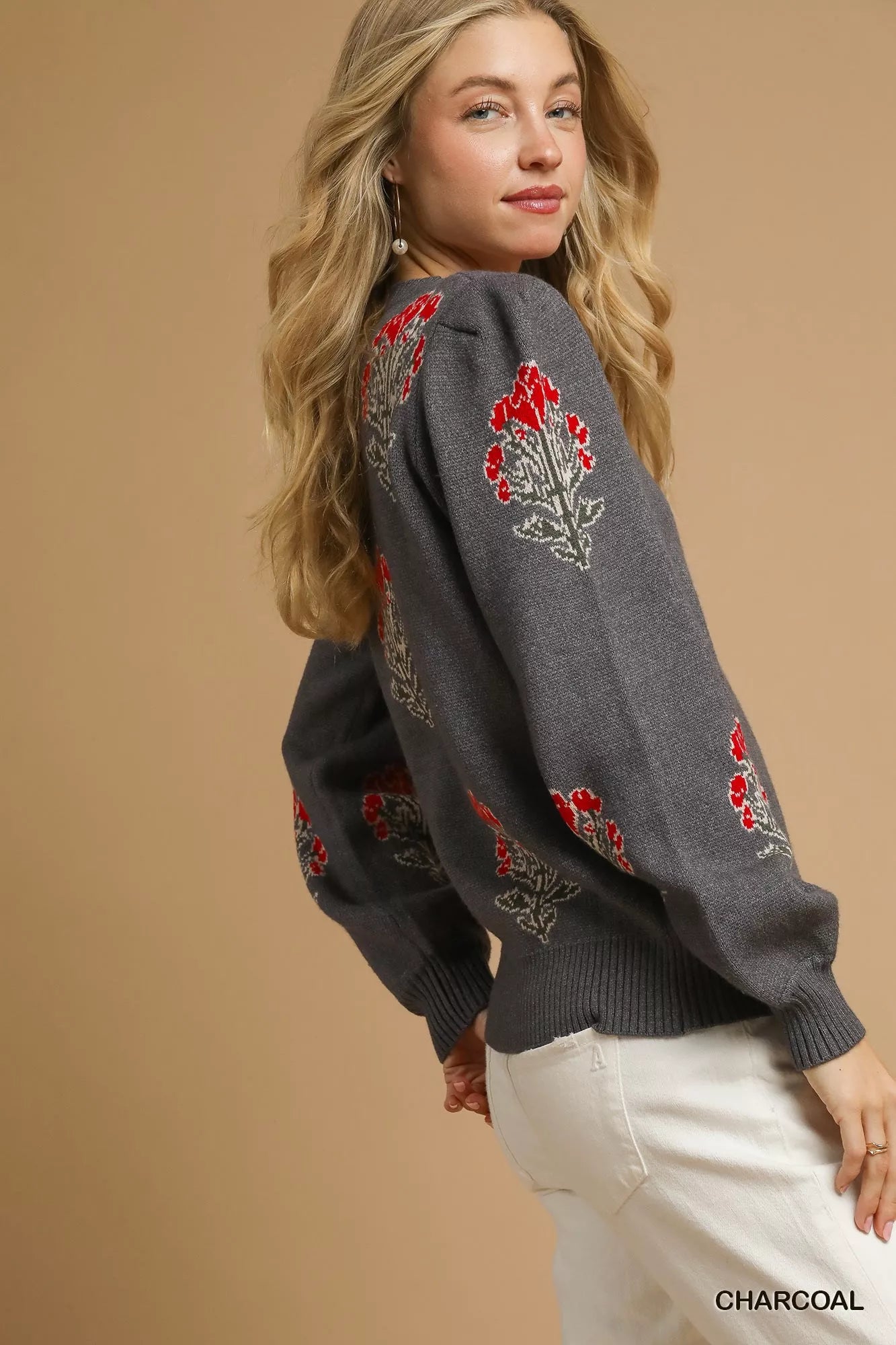 Umgee Charcoal Single Flower Stem Jacquard Sweater