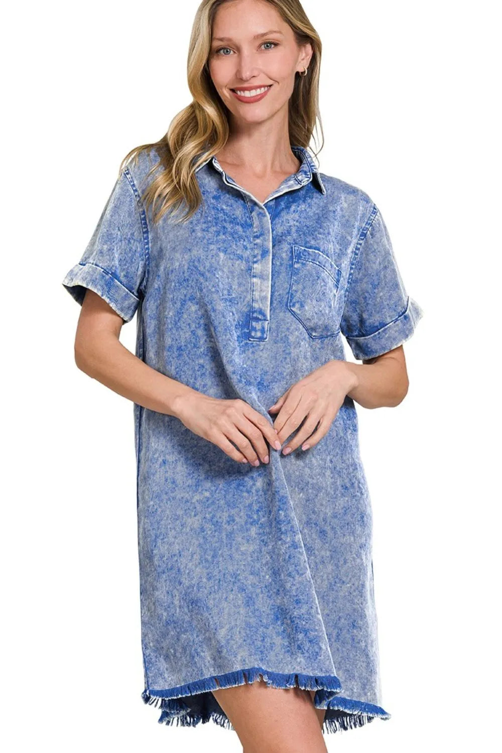 Zenana Classic Blue Tencel Mineral Washed Collared Shirt Dress