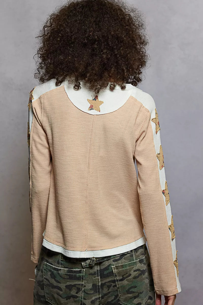 POL Nude Beige Round Neck Long Sleever T-Shirt with Star Patches