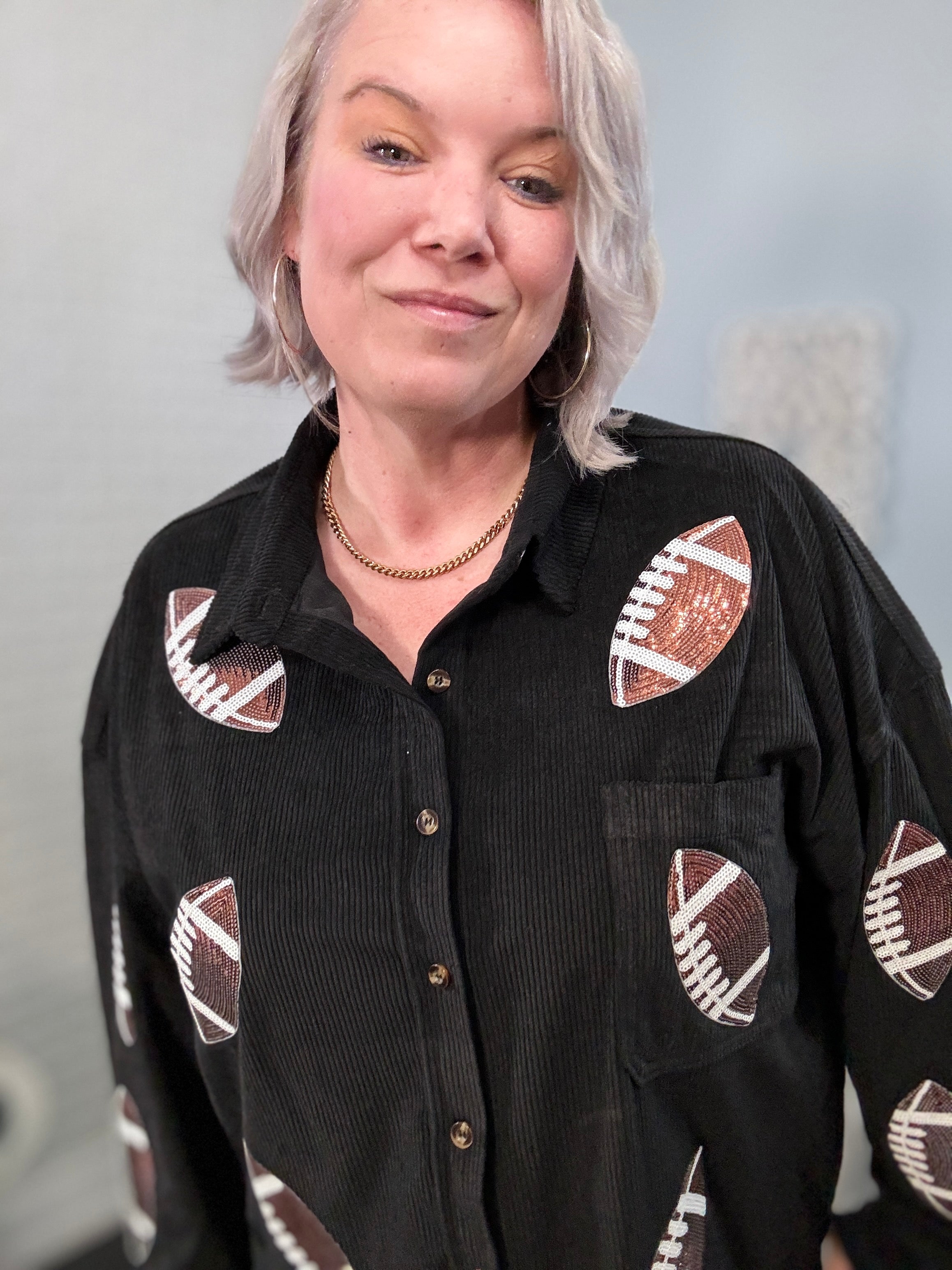 Preorder: Ruby Idol Sequin Football Black Button Up Long Sleeve Corduroy Jacket Shirts & Tops