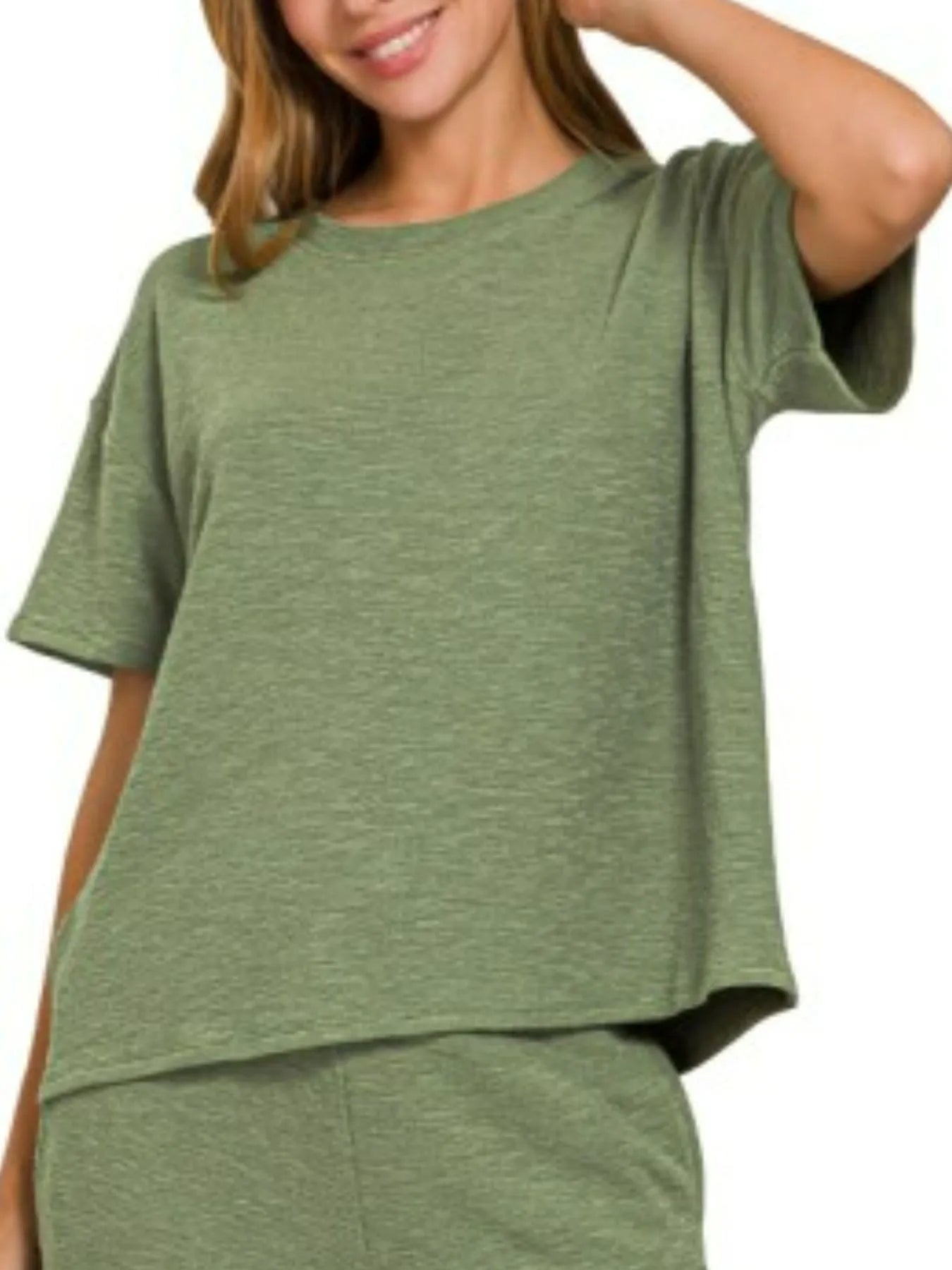 Zenana Light Olive Slub Short Sleeve T-Shirt and Pants Set