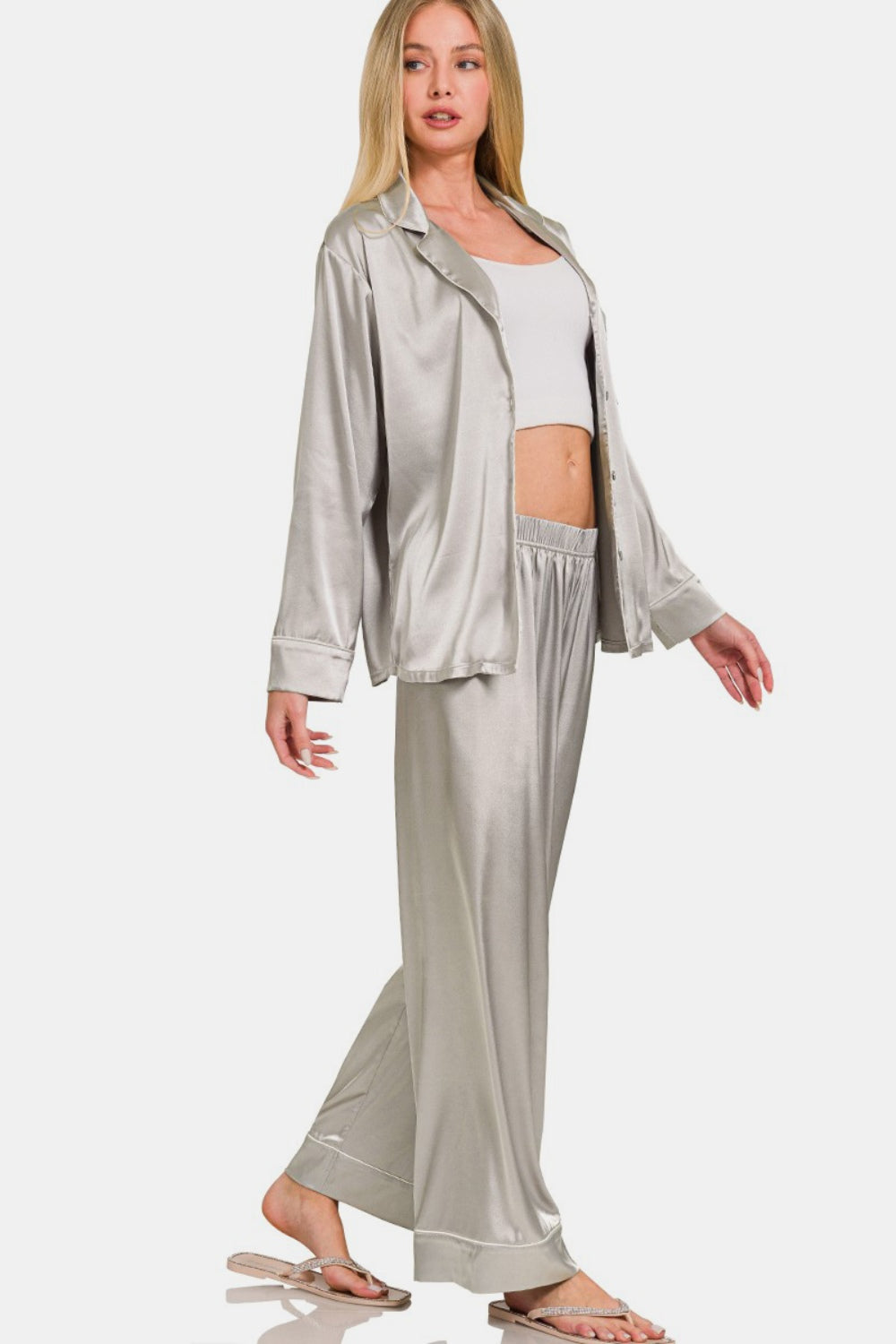 Zenana Silver Satin Long Sleeve Shirt and Pants Pajama Set Loungewear