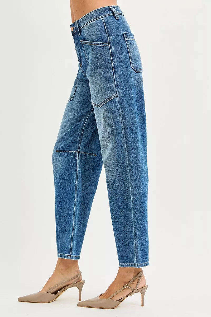RISEN 4 Way Stretch Mid Rise Barrel Jeans with Patch Pocket Detail