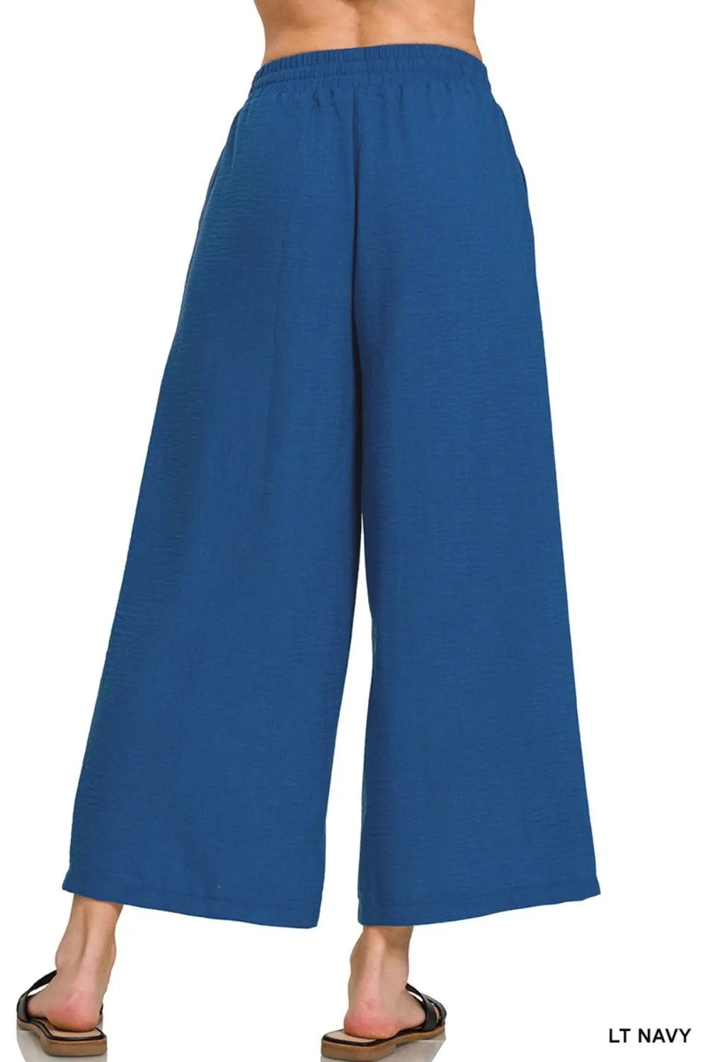 Zenana Light Navy Woven Crepe Elastic Band Waist Cropped Pants
