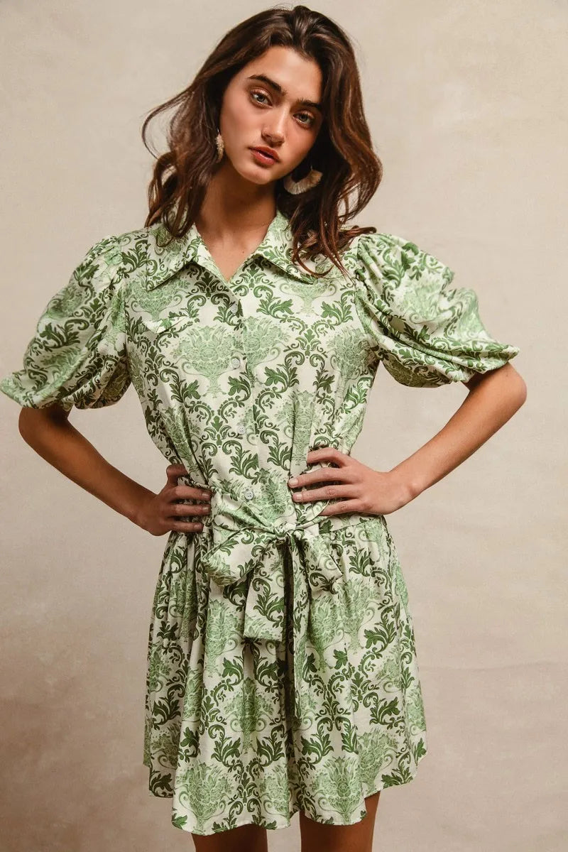 BiBi Tied Floral Short Sleeve Mini Shirt Dress in Green & Cream