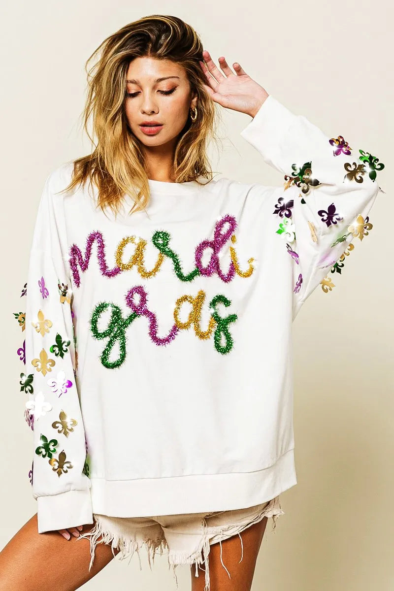 BiBi Off White Fleur De Lis Sleeve Mardi Gras Pullover OFF WHITE
