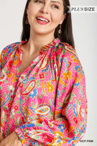Umgee Hot Pink Satin Paisley FloralRuffle Neck Button-Up Blouse