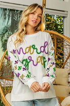 BiBi Off White Fleur De Lis Sleeve Mardi Gras Pullover