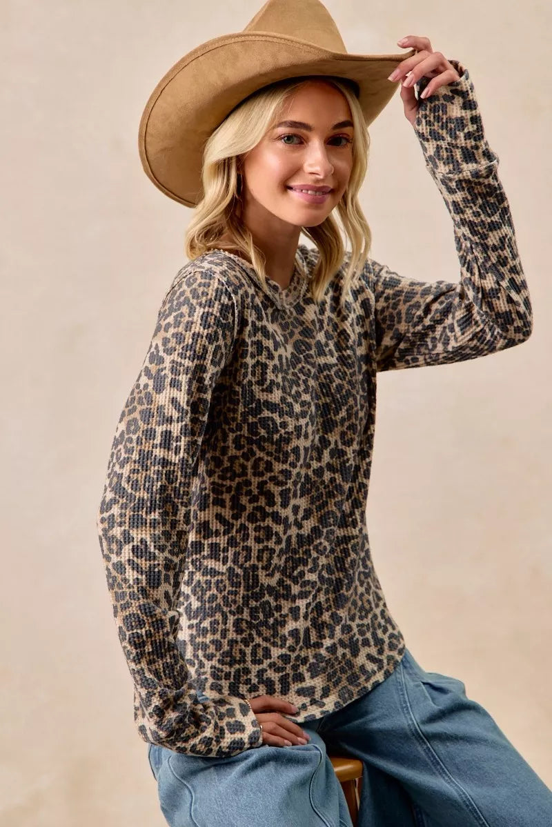 BiBi Leopard Print Washed Waffle Thermal Top with Thumbholes