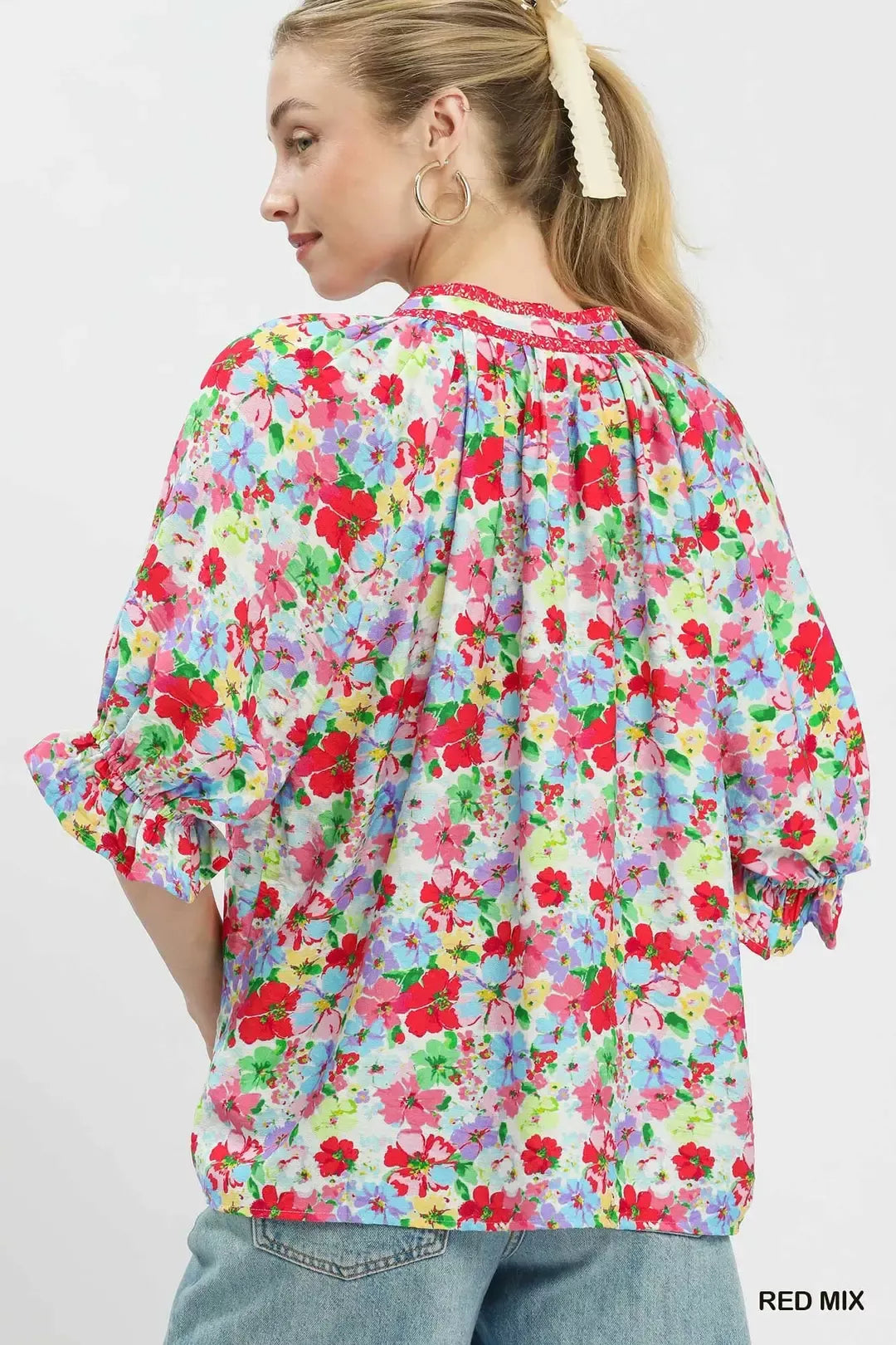 Umgee Red Mix Floral Print Ruffle Top