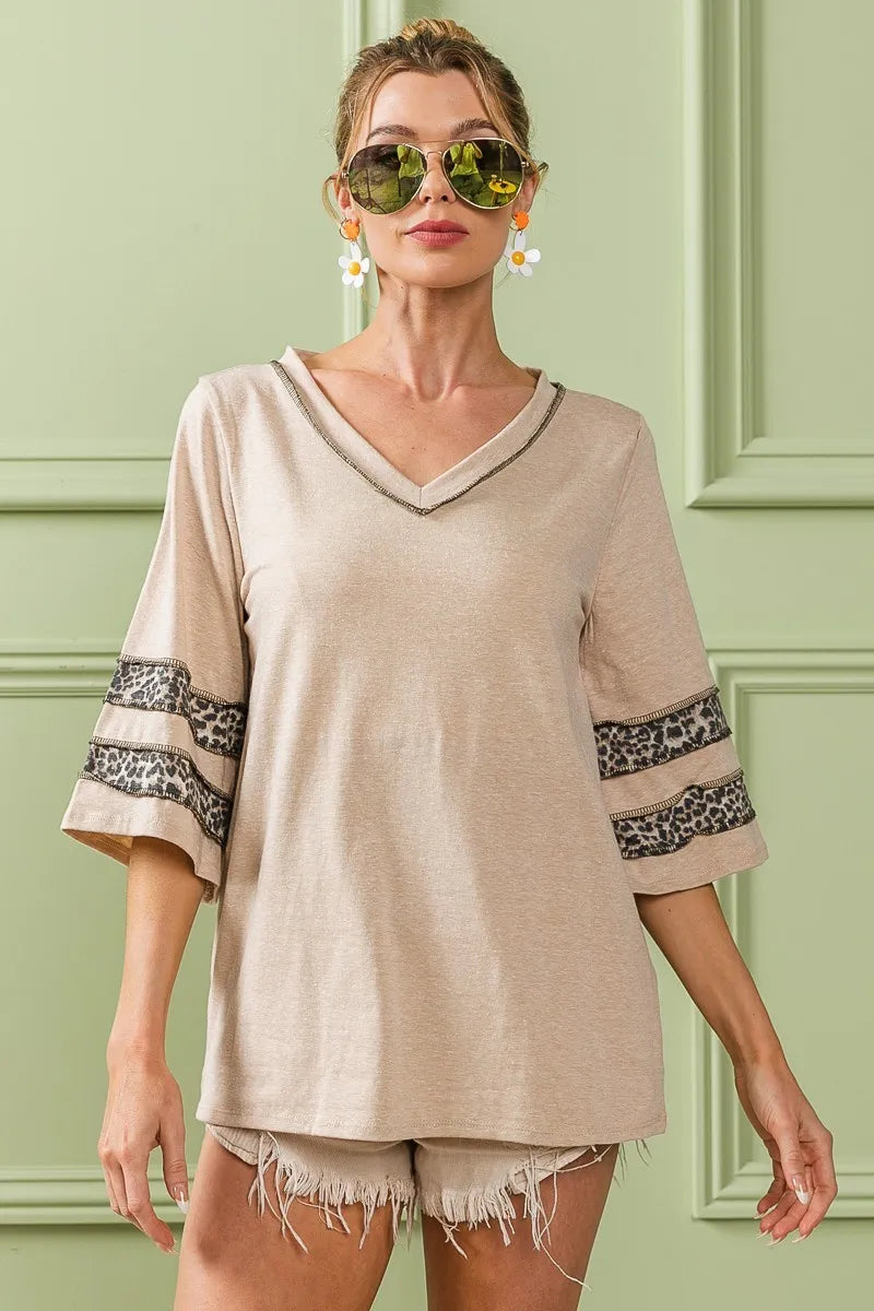 BiBi Oatmeal Triblend Knit Top with Leopard Band Detail OATMEAL