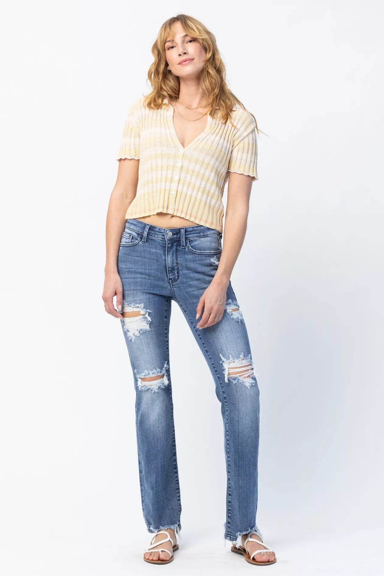 Judy Blue Medium Washed Mid Rise Destroyed Straight Jeans