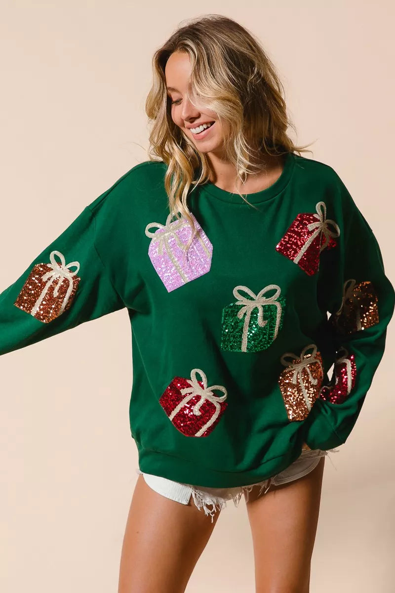 BiBi Green Sequin Christmas Gift Box Embroideries Pullover