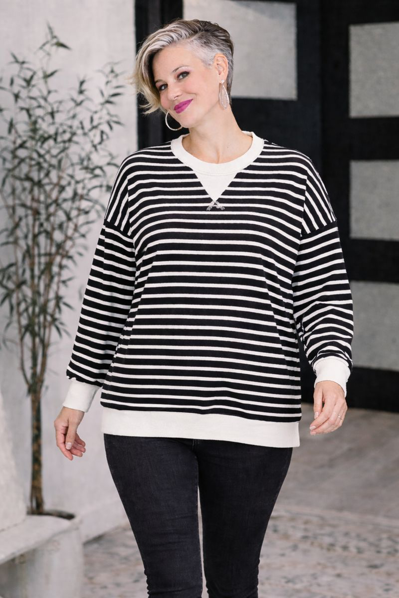 Zenana Black Contrast Striped Round Neck Sweatshirt BLACK