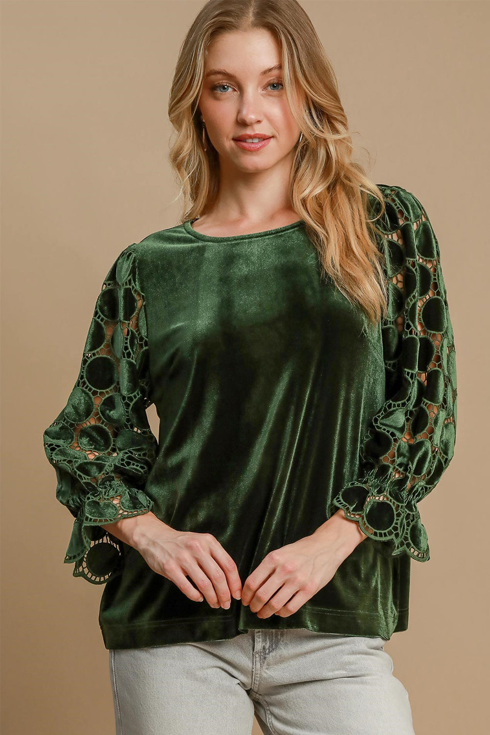 Umgee Olive Velvet Polka Dot Lace Long Sleeve Round Neck Blouse Olive Shirts & Tops