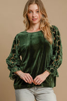 Umgee Olive Velvet Polka Dot Lace Long Sleeve Round Neck Blouse Olive Shirts & Tops