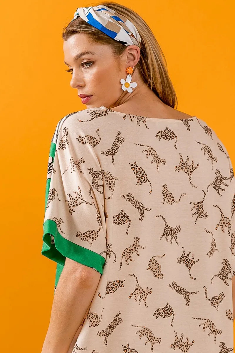 BiBi Tiger W Stripe Contrast Color Block V Neck Top