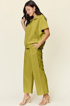 Double Take Quilted Textured Half Zip Short Sleeve Top and Pants Set Sets