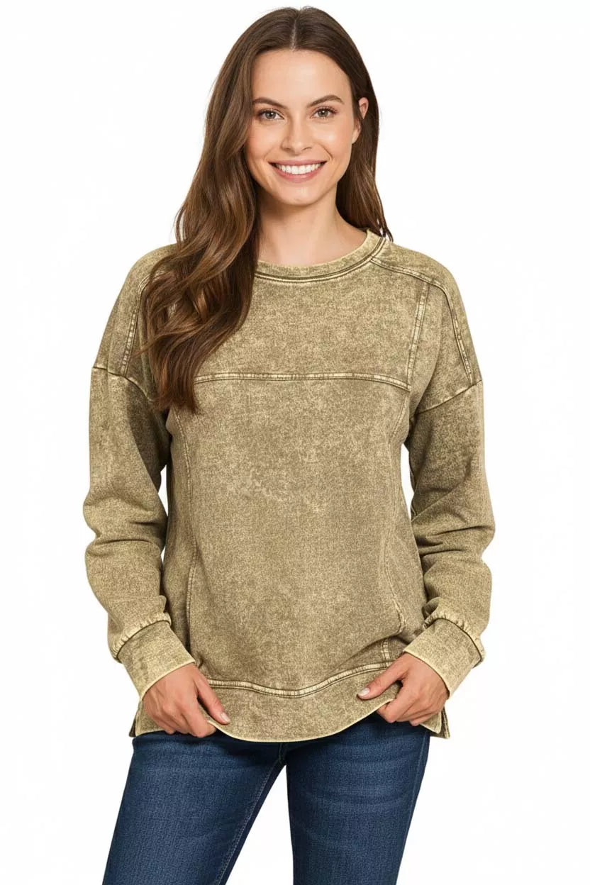 Zenana Acid Wash French Terry Exposed-Seam Pullover