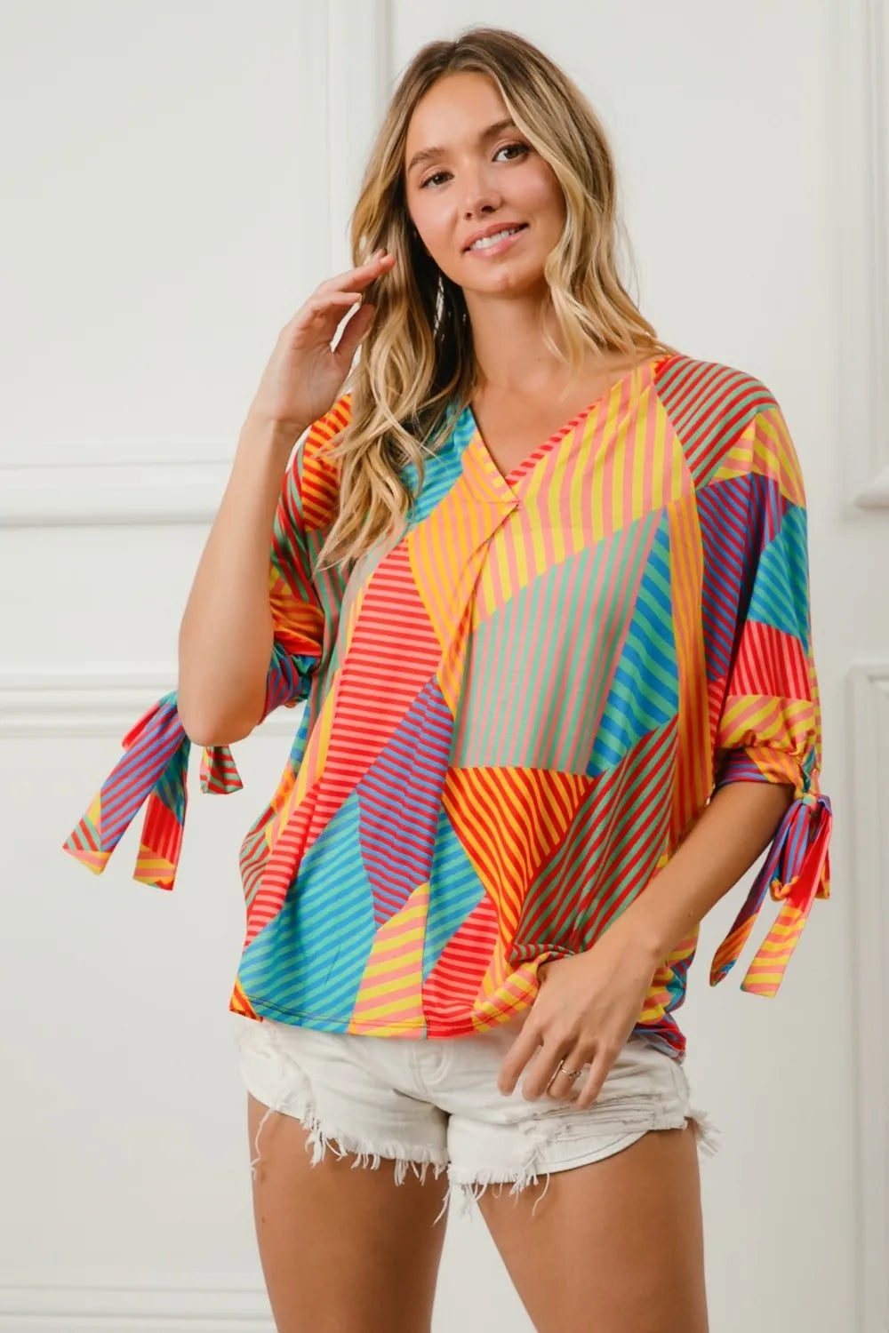 BiBi Multi Color Stripe Block Printed Jersey Blouse with Tied Sleeves