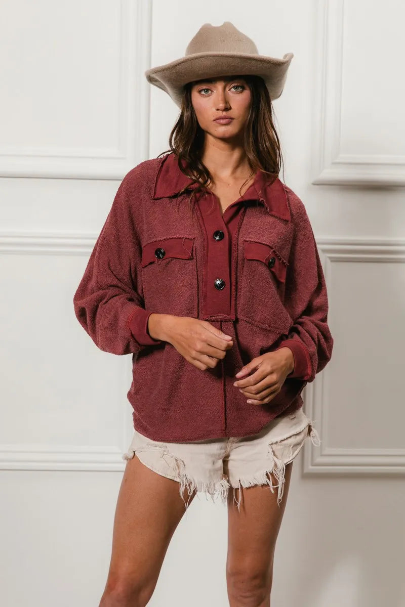 BiBi Marsala French Terry Cut Edge Detail Collared Long Sleeve Top