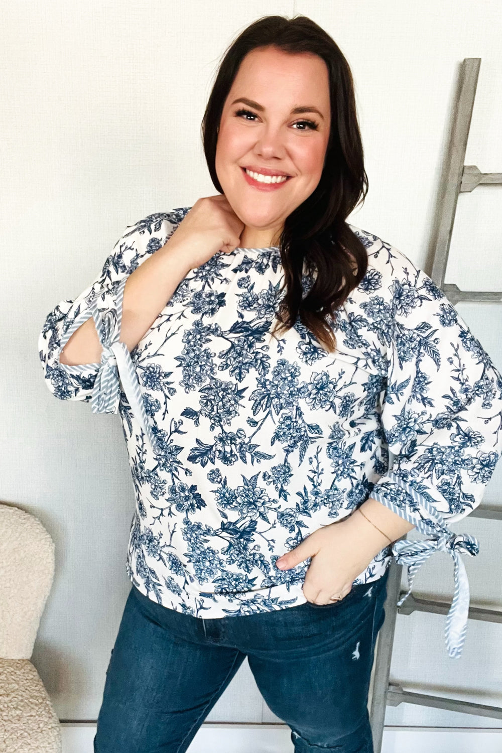 Large Haptics Vintage Chic Navy & Ivory Three-Quarter Bow Sleeve Contrast Stripe Blouse