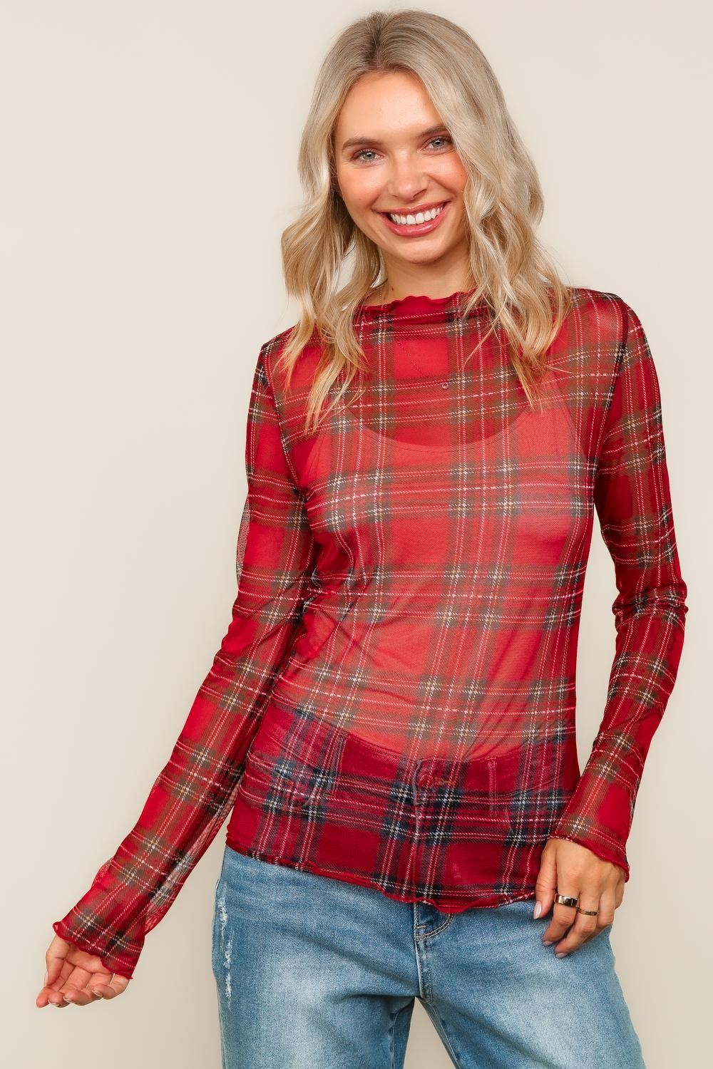 Haptics Red High Neck Line Plaid Mesh Semi Sheer Top