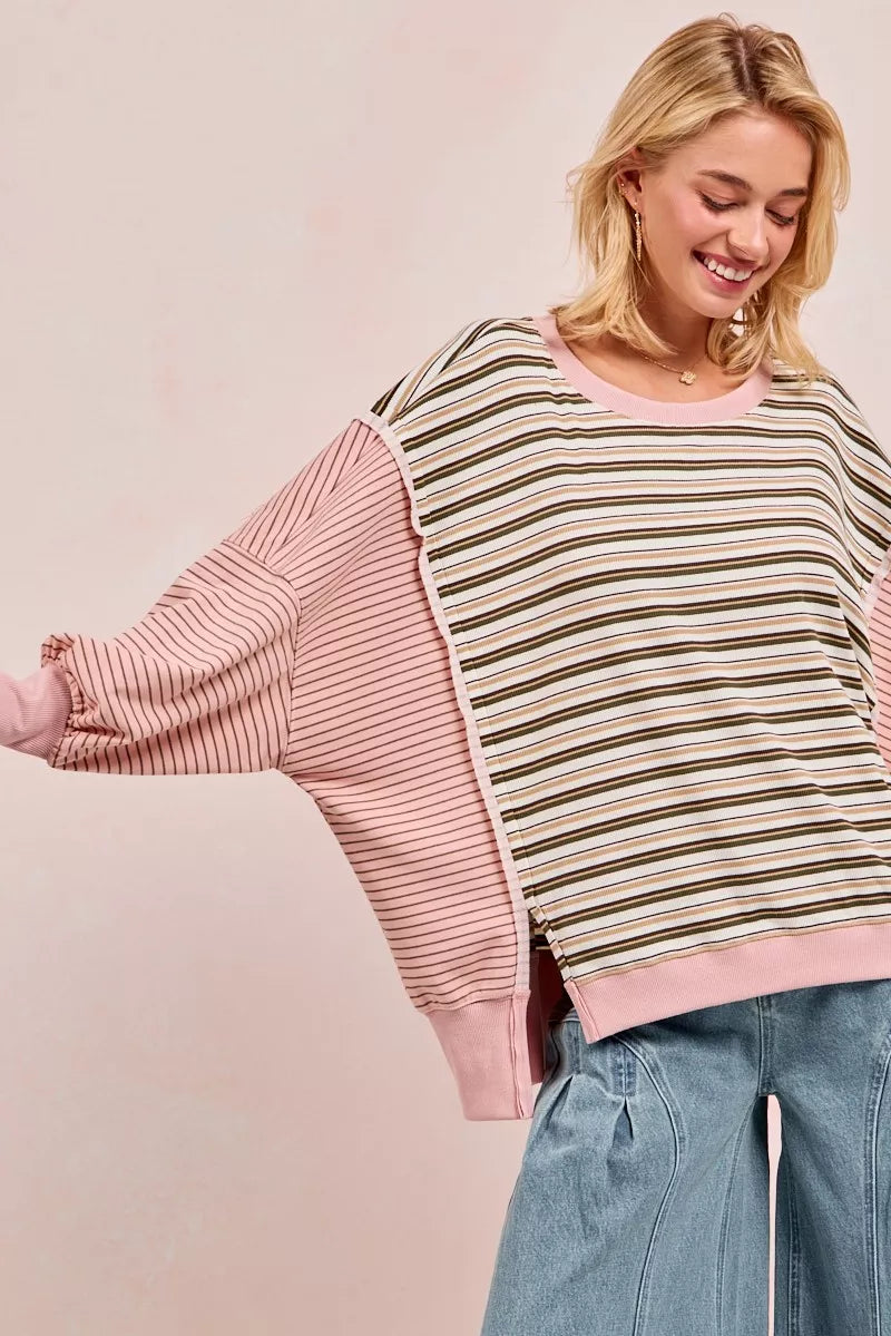BiBi Oatmeal & Pink Stripe Mixed Top With Cut Edge And Reverse Outseams