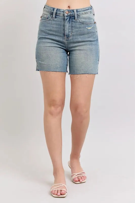 Judy Blue Medium Washed High Waist Vintage Wash Side Slit Denim Shorts