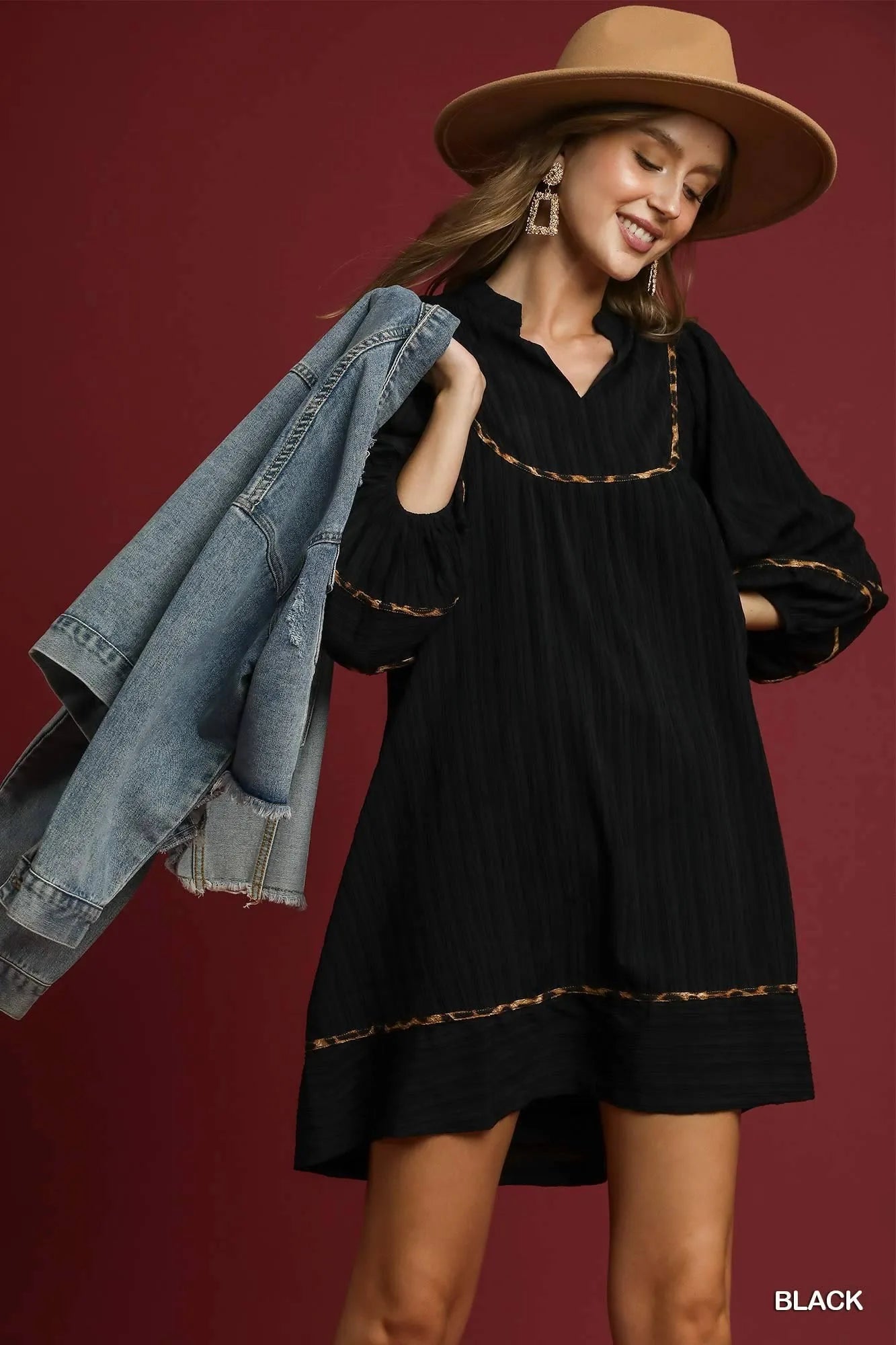 Umgee Black Textured Babydoll Dress with Leopard Trim