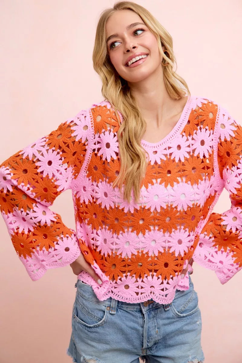 BiBi Pink Flower Crochet Knit Top
