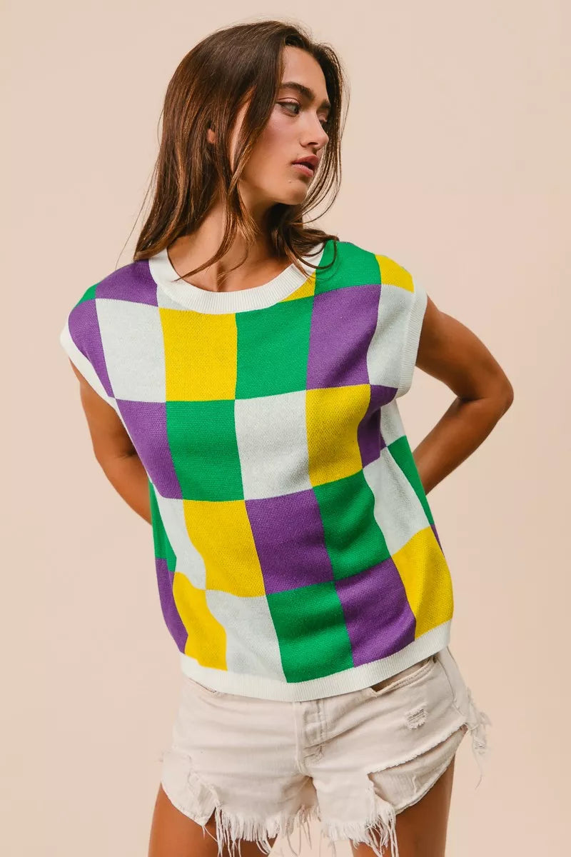 BiBi Mardi Gras Checker Pattern Sleeveless Sweater Top