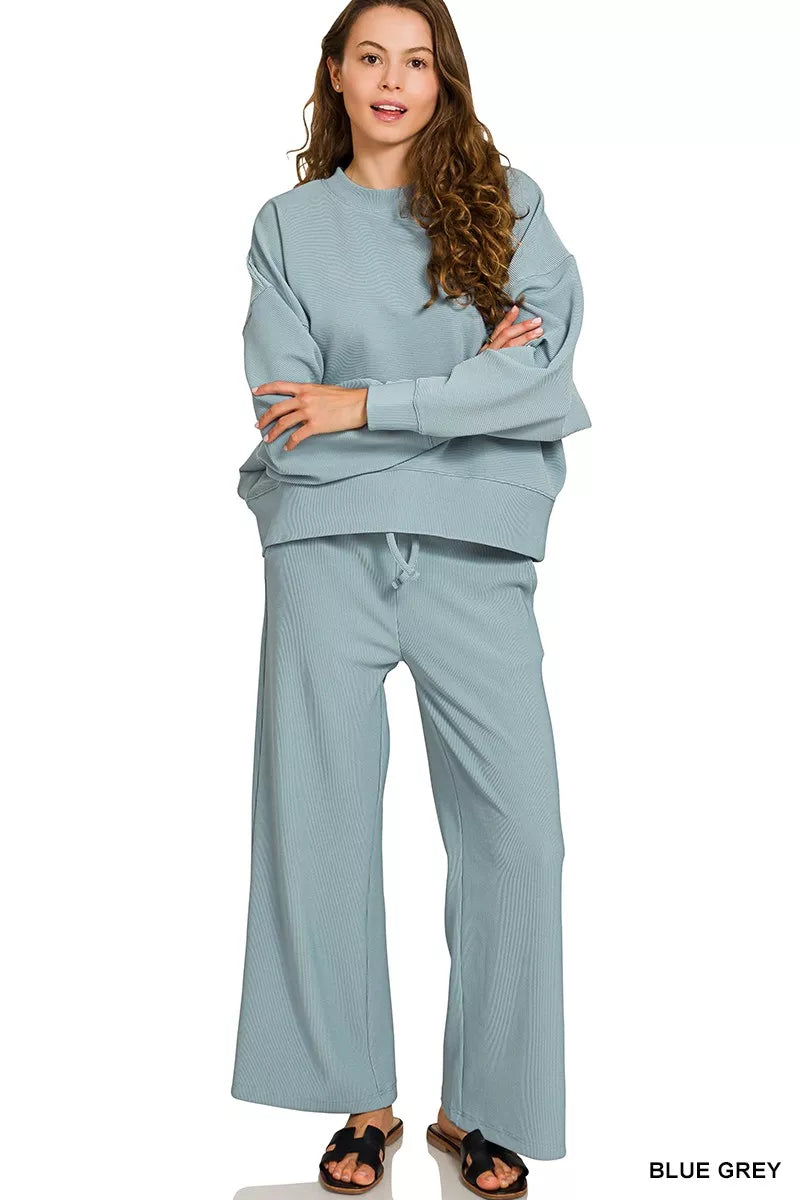 Zenana Blue Gray Ribbed Round Neck Pullover and Drawstring Pants Set