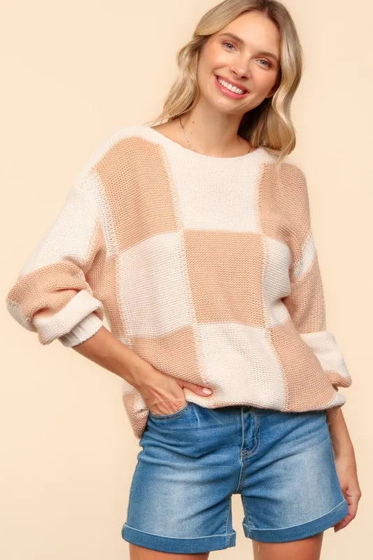 Haptics Apricot Checkered Round Neck Drop Shoulder Sweater