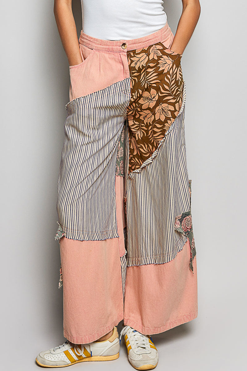 POL Peach Multi Striped Floral Patchwork Wide leg Pants with Side Big Star Patch PEACH MULTI