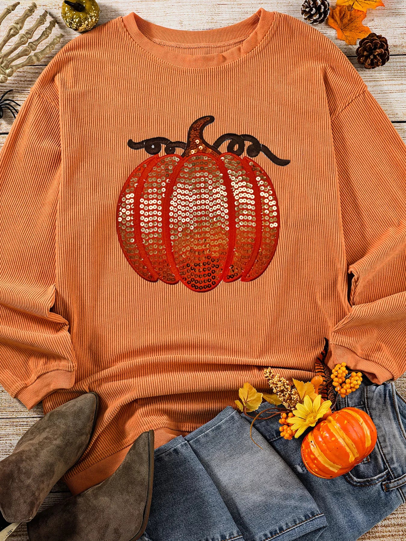 Preorder: Tangerine Halloween Sequined Pumpkin Ribbed Round Neck Sweatshirt